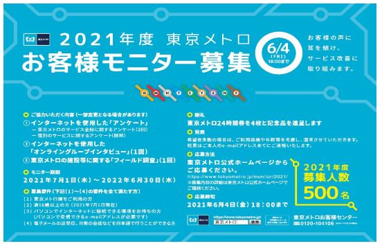 『2021年度 東京メトロお客様モニター』500名募集