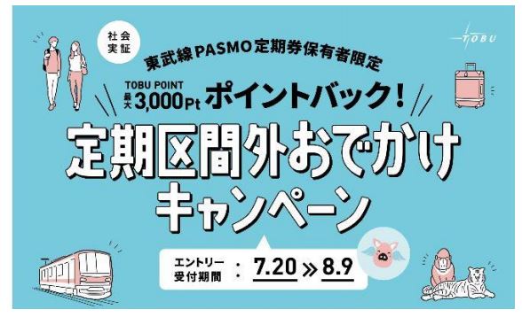 東武鉄道：定期区間外運賃を全額還元する。「定期区間外おでかけ社会実証」を実施！